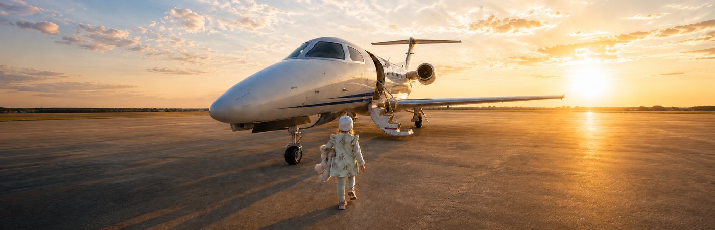 A young child carrying a stuffed toy walks toward the airstairs of a private jet on the ramp at sunset